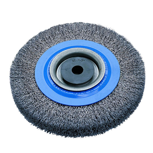 Brosse à roue d'établi avec fils sertis, 6 po x 1/2 à 1-1/4 po x 7/8 po, fil : 0,0118 po en acier inoxydable