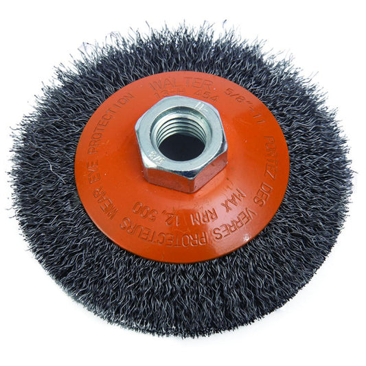 Brosse à soucoupe avec fils sertis, 4 po x 0,020 po x 5/8-11 po x 3/4 po, fil : 0,012 po serti