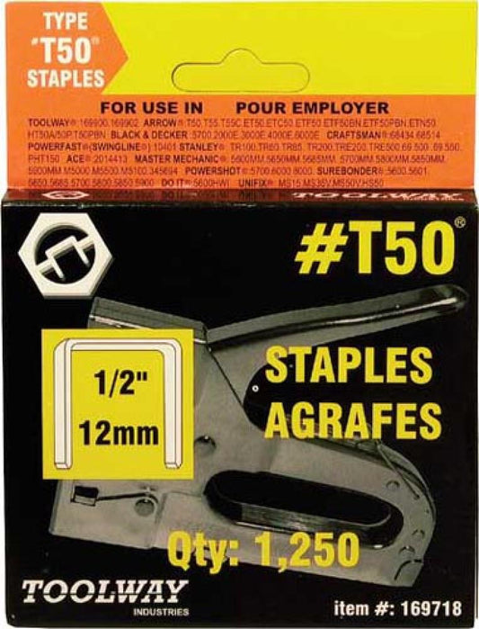 Staples T50 1/2in x 3/8in Crown 20g, 1250/bx