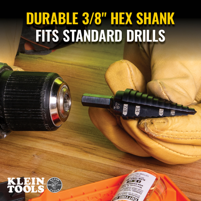 12-Step Drill Bit 3/8-Inch Hex Double Straight Flute 3/16-Inch To 7/8-Inch