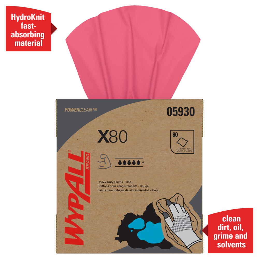 Chiffons robustes WypAll® PowerClean X80 (05930), boîte pop-up, serviettes à usage prolongé, rouge (80 feuilles/boîte, 5 boîtes/caisse, 400 feuilles/caisse)