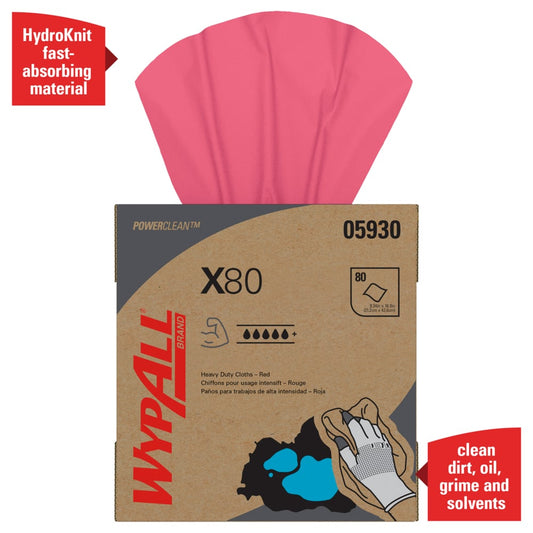 Chiffons robustes WypAll® PowerClean X80 (05930), boîte pop-up, serviettes à usage prolongé, rouge (80 feuilles/boîte, 5 boîtes/caisse, 400 feuilles/caisse)