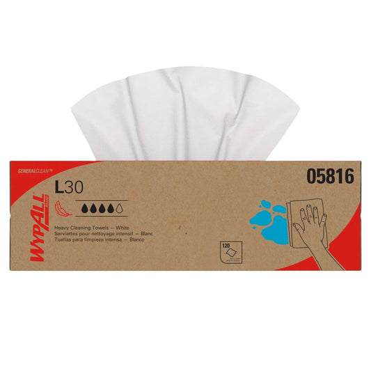 Serviettes de nettoyage robustes WypAll® GeneralClean L30 (05816), boîte pop-up, serviettes résistantes et douces, blanches (120 feuilles/boîte, 6 boîtes/caisse, 720 feuilles/caisse)