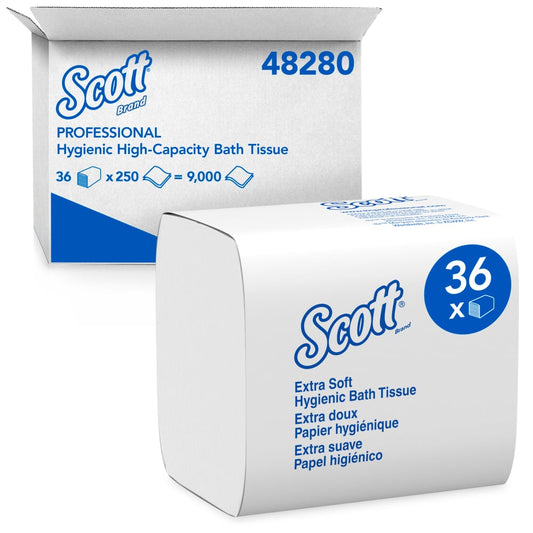 Mouchoirs hygiéniques pliés haute capacité Scott® (48280), 2 épaisseurs, blancs, tirage simple (250 feuilles/paquet, 36 paquets/caisse, 9 000 feuilles/caisse)