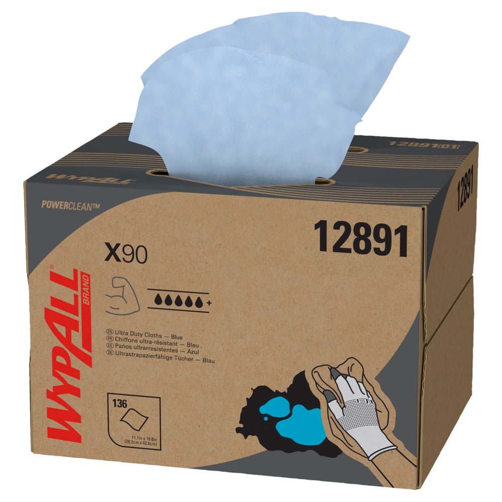 WypAll® PowerClean™ X90 Ultra Duty Cloths (12891), Brag Box, Extended Use Towels, Blue (136 Sheets/Box, 1 Box/Case, 136 Sheets/Case)