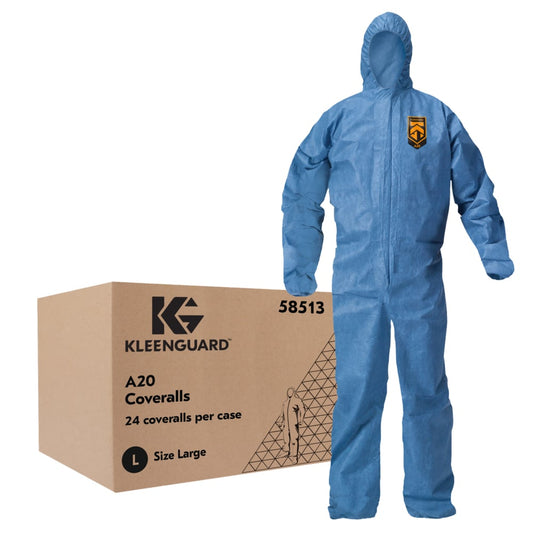 Combinaison de protection respirante contre les particules KleenGuard A20 (58513), fermeture éclair sur le devant, dos élastique, poignets, chevilles et capuche, bleu, design réfléchissant, grand