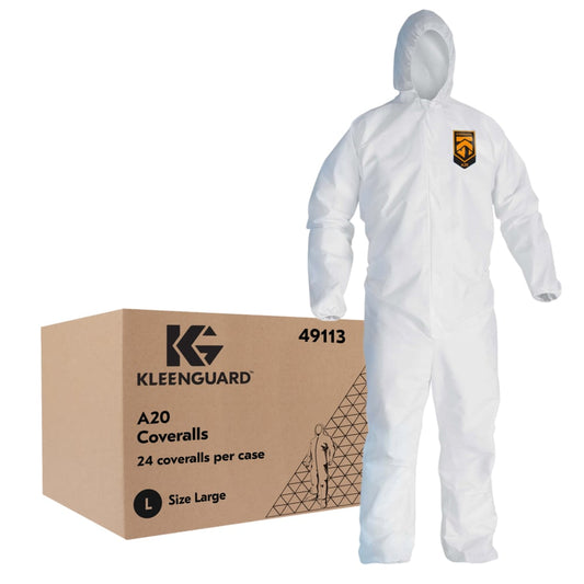 Combinaison de protection respirante contre les particules KleenGuard A20 (49113), fermeture éclair sur le devant, dos élastique, poignets, chevilles et capuche, blanc, design réfléchissant, grand (quantité 24)