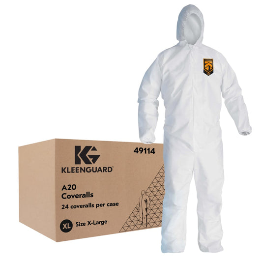 Combinaison de protection respirante contre les particules KleenGuard A20 (49114), fermeture éclair sur le devant, dos élastique, poignets, chevilles et capuche, blanc, design réfléchissant, XL (quantité 24)