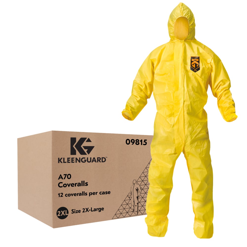 KleenGuard™ A70 Chemical Spray Protection Coveralls (09815), Zipper Front, Storm Flap, Elastic Wrists, Ankles & Hood, Yellow, Reflex Design, 2XL (Qty 12)