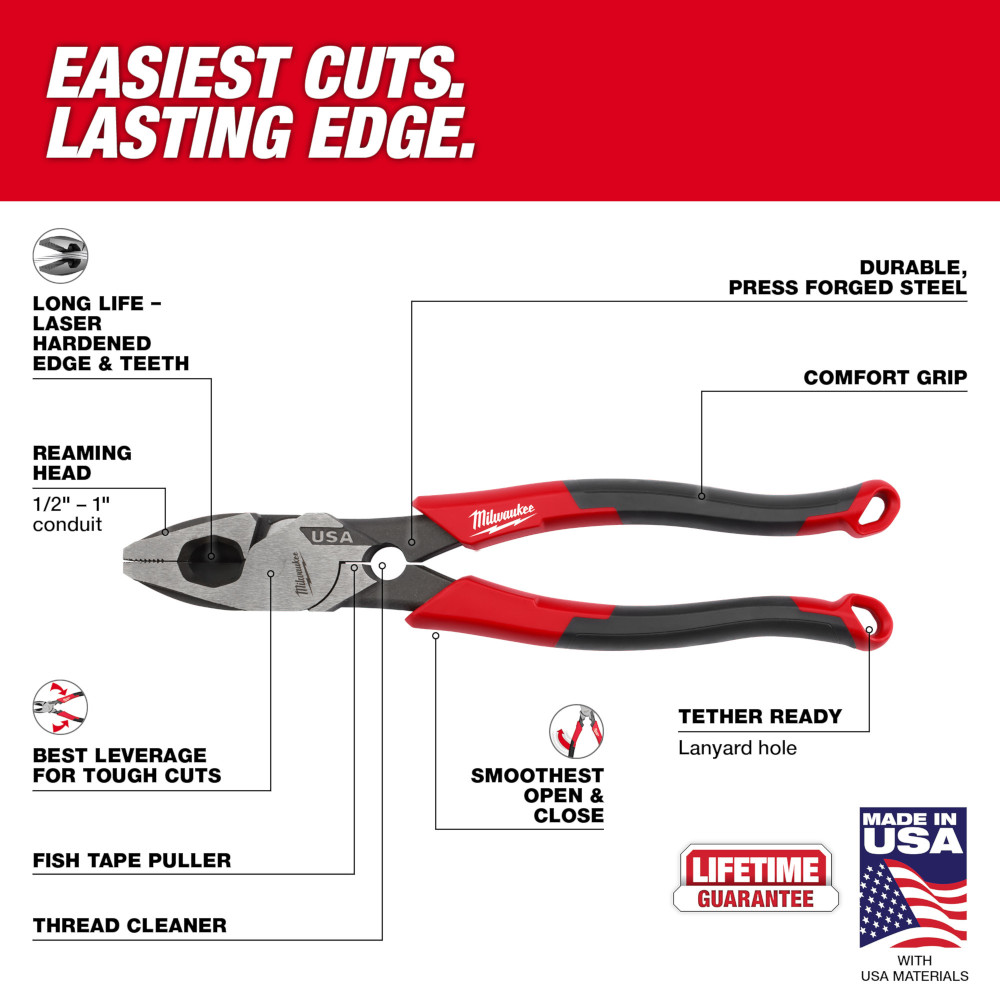 9" Lineman's Comfort Grip Pliers W/ Thread Cleaner
