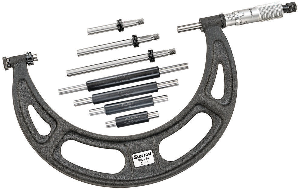 Micromètre à enclume interchangeable, graduation de 0,001 po, plage de mesure de 2 à 6 po, comprend les normes 2", 3", 4", 5"