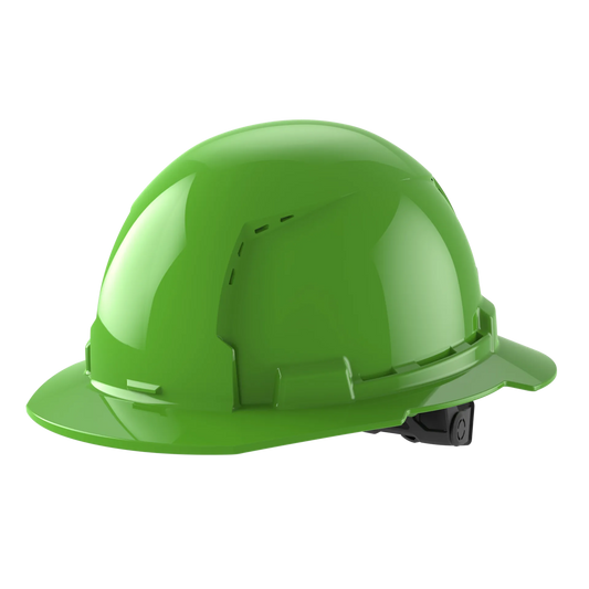 Bolt™ Full Brim Hard Hat White/6pt Ratcheting Suspension, Vented - Type 1, Class e, Green