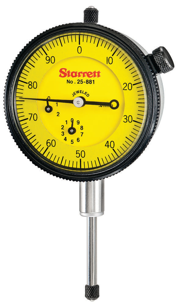 Dial Indicator 0-25.0mm Range 0-100 0.01mm Graduations 1.0mm Range Per Rev .375" Stem Diameter