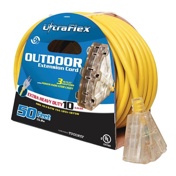 50-ft Outdoor/Indoor SJTW 10/3 Lighted 3-Tap Extension Cord - Yellow