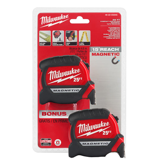 25' Compact Wide Blade Magnetic Tape Measure 2-pack
