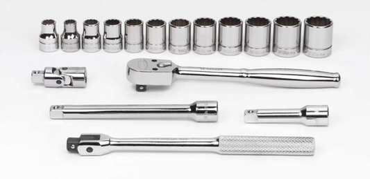 Ensemble de 17 douilles et outils d'entraînement métriques peu profondes à 12 pans, entraînement 3/8"