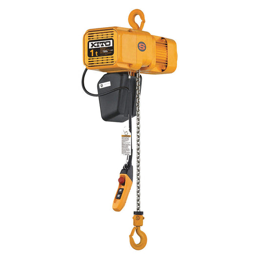 Electric Hoist, Yellow, 2t Capacity, 10ft Lift, 14 FPM, 220 Volt/5.1 Amp, 25-3/8" x 11-11/16" x 22-9/16"