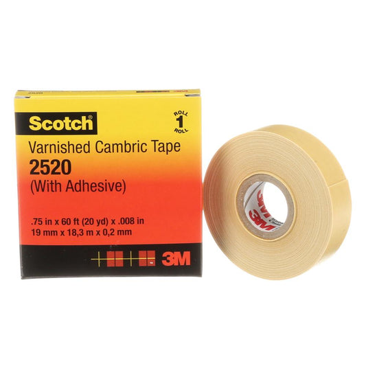Scotch® Electrical Insulating Varnished Cambric Tape, 2520, yellow, 8 mil (0.2 mm), 3/4 in x 60 ft (19.1 mm x 18.3 m), 20/cs