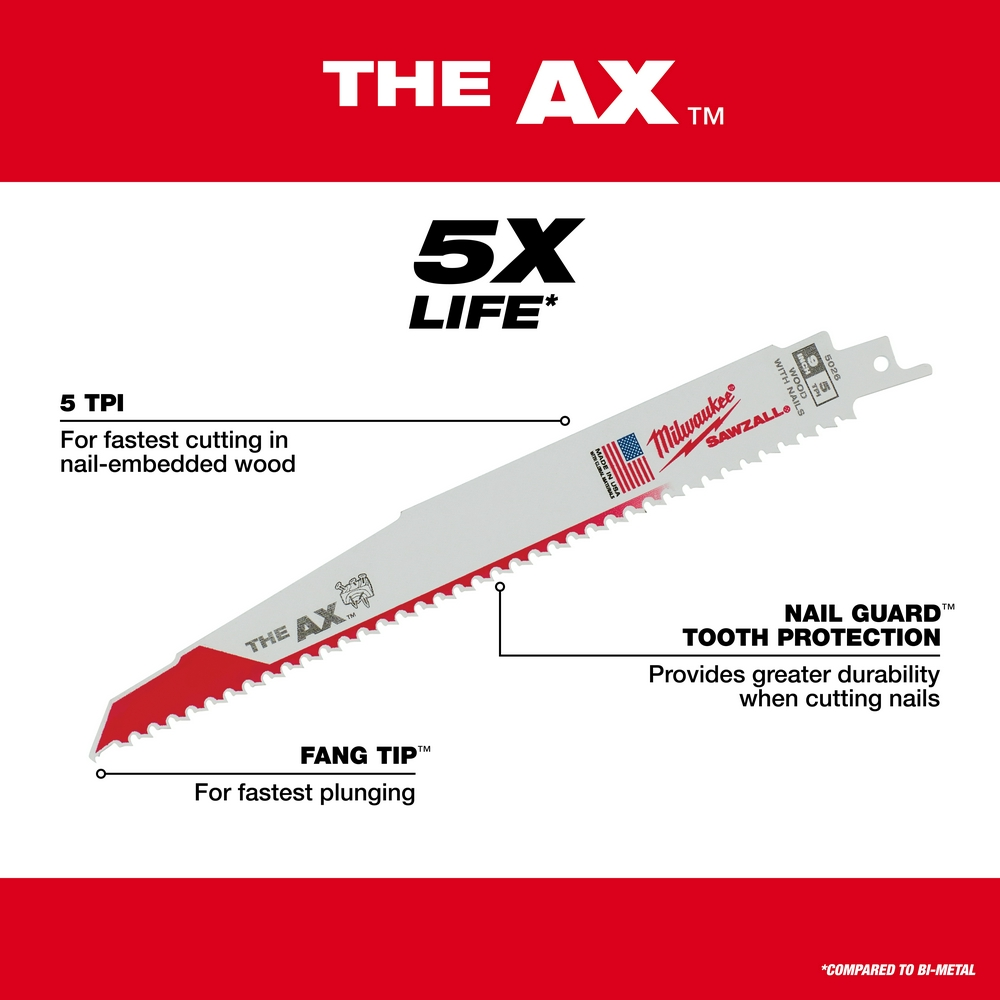 6" 5 TPI Ax Sawzall Blade For Wood With Nails