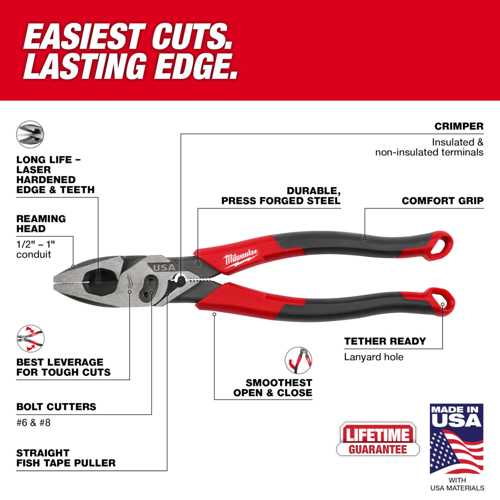 9" Lineman's Comfort Grip Pliers W/ Crimper And Bolt Cutter