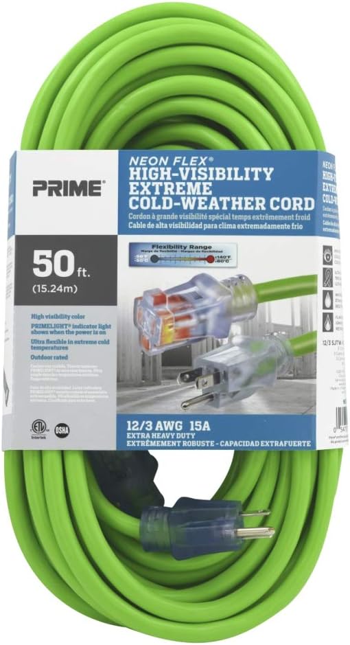 Heavy-Duty Cord 50' 12/3 Fluorescent Green SJTW Illuminated