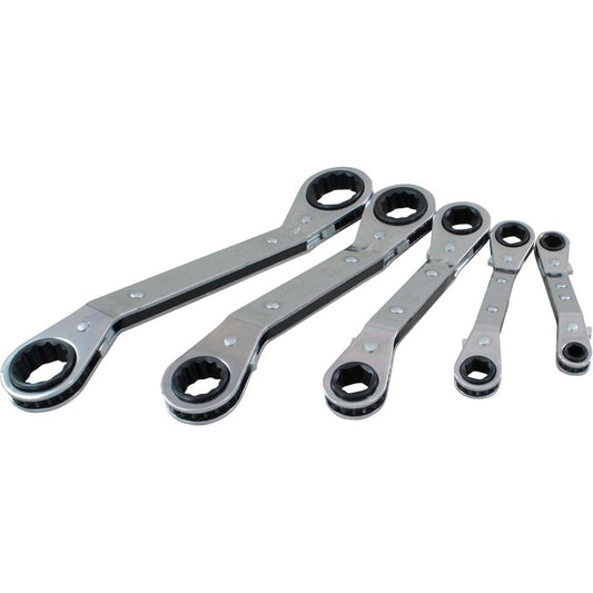 Jeu de 5 clés à cliquet décalées SAE à 6 et 12 pans, 1/4" x 5/16" à 3/4" x 7/8", décalage de 25°