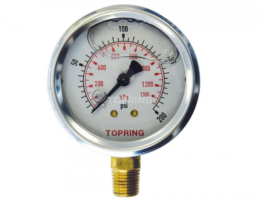 2 1/2 In. Stainless Steel Liquid Filled Pressure Gauge With Glycerin 0 to 200 PSI