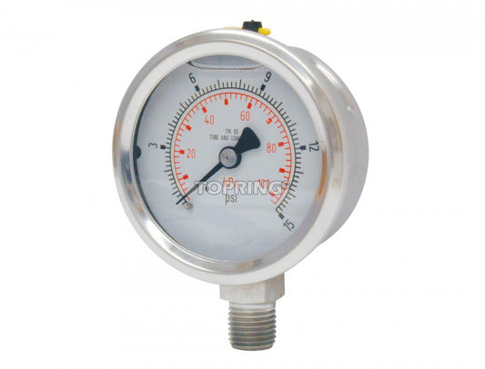 2 1/2 In. Stainless Steel Liquid Filled Pressure Gauge With Glycerin 0 to 15 PSI, 1/4 (M) NPT, LM