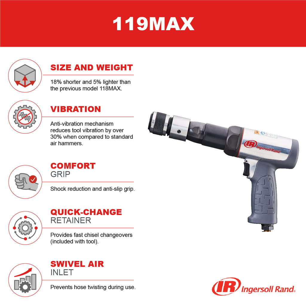 Vibration Reduced Long Barrel Air Hammer, 2530 BPM, 3-1/2" Stroke, Round Shank