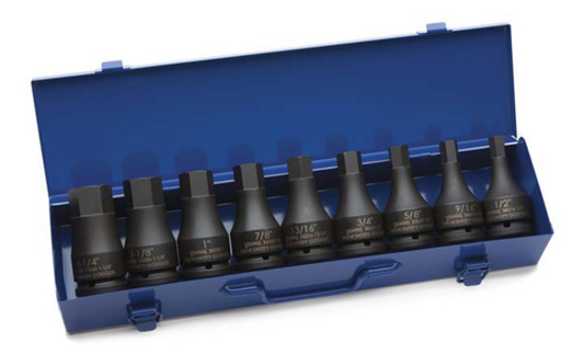 Jeu de 9 tournevis hexagonaux SAE à pointe d'entraînement 3/4" à impact monobloc dans une boîte à outils en métal