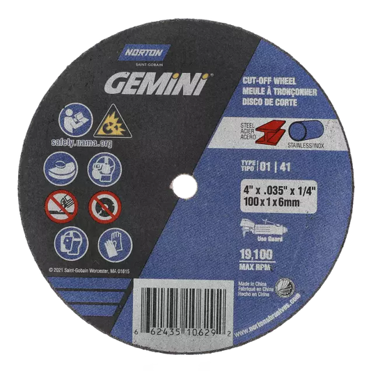 Gemini Cut-Off Wheel - 4 in Wheel Dia., 0.125 in Wheel Thickness, 3/8 in Center Hole Diameter, 19100 rpm