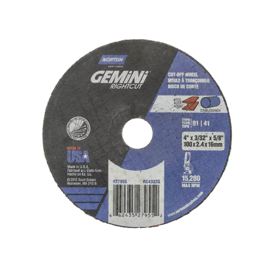 Gemini Cut-Off Wheel - 5 in Wheel Dia., 0.045 in Wheel Thickness, 7/8 in Center Hole Diameter, 12225 rpm