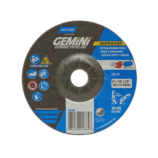 Gemini Depressed Center Wheel - Type 27, 9 in Wheel Dia., 1/8 in Thickness, 7/8 in Arbor Hole Size, 6600 rpm