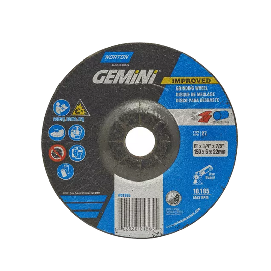 Gemini Depressed Center Wheel - Type 27, 9 in Wheel Dia., 1/4 in Thickness, 7/8 in Arbor Hole Size, 6600 rpm