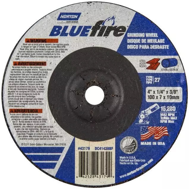 Meule de meulage BlueFire® - 9 po x 1/4 po, alésage de 7/8 po, oxyde d’aluminium/zirconium, type 27