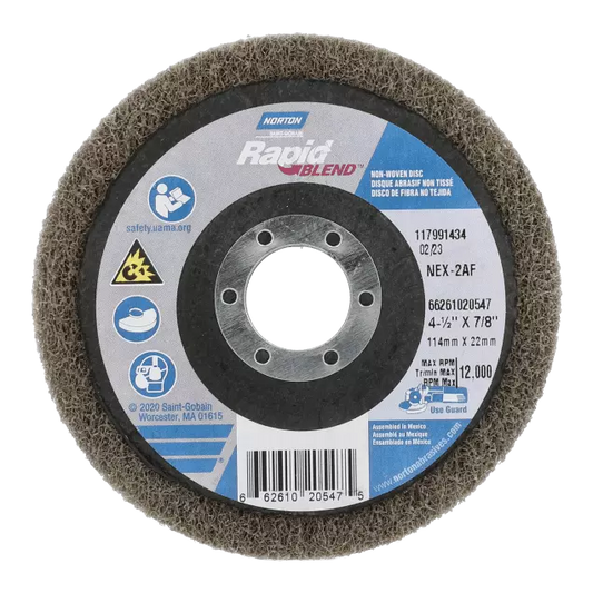 Disque de finition non tissé - Diamètre du disque de 4-1/2 po, oxyde d'aluminium, grain de 220 à 280, 12 000 tr/min, trou central de 5/8 à 11 po