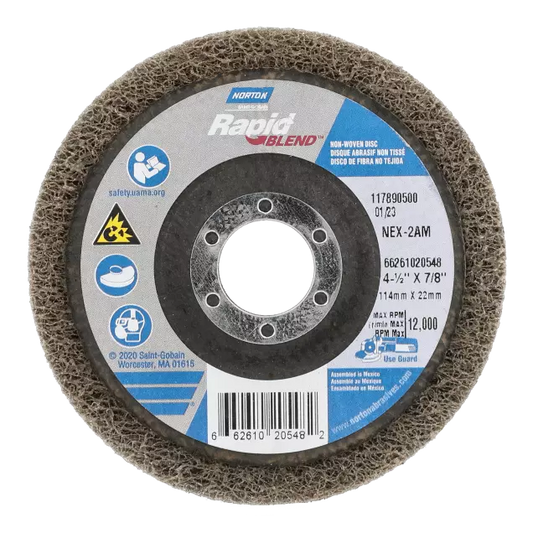 Disque de finition non tissé - Diamètre du disque de 4-1/2 po, oxyde d'aluminium, grain de 150 à 180, 12 000 tr/min, trou central de 5/8 à 11 po