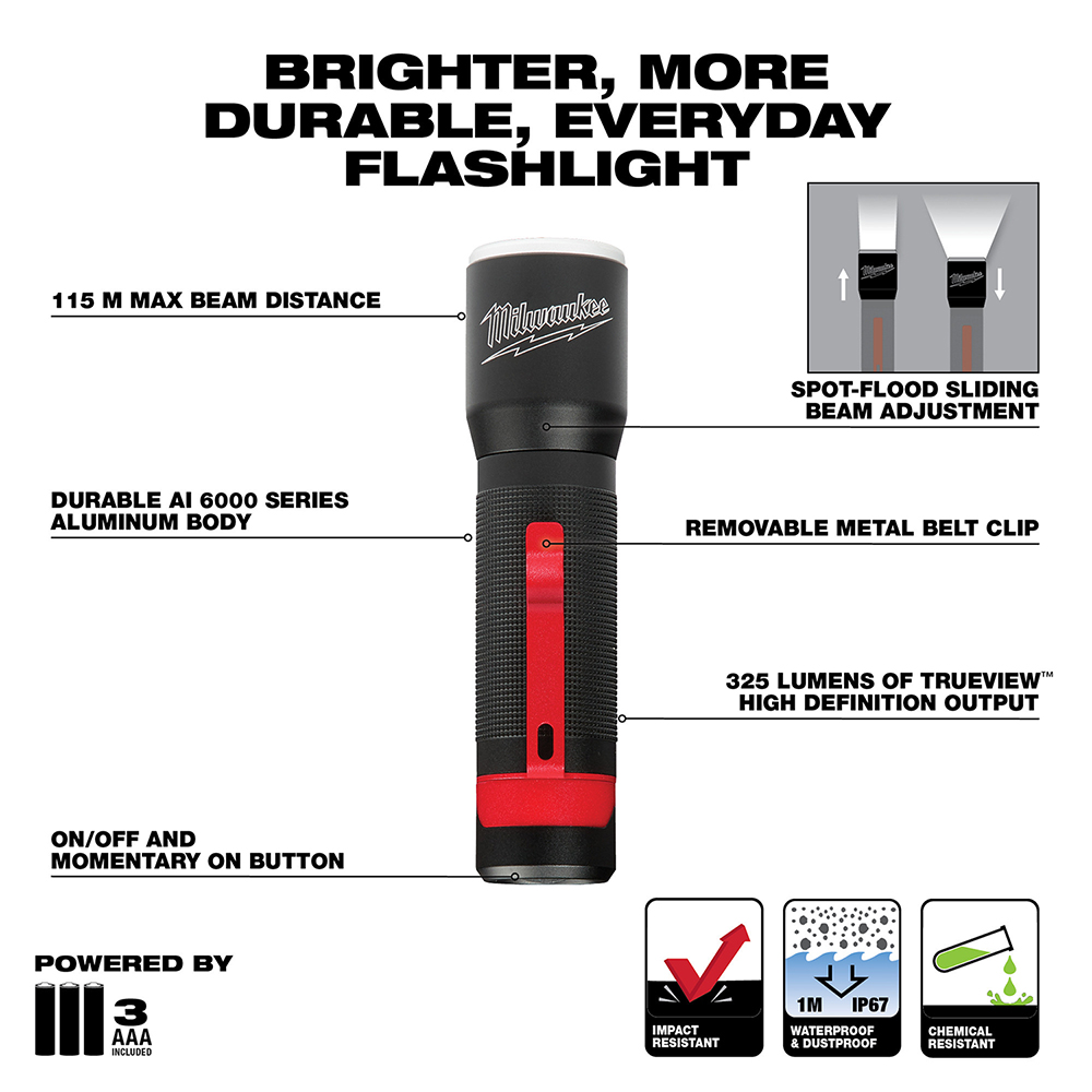 LED Flashlight 325-Lumen Focusing With Holster