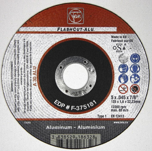 F-375181 SP Cut-Off Wheel, Aluminum Oxide, 5" x .045" x 7/8”, Type 1