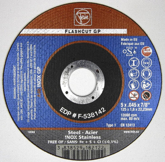 F-538192 Cut-Off Wheel, Aluminum Oxide, 6" x 0.045" x 7/8", Type 1