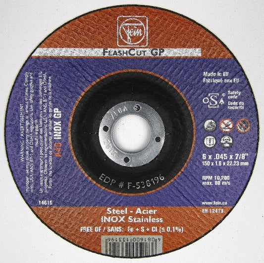 F-538196 Cut-Off Wheel, Aluminum Oxide, 6" x 0.045" x 7/8", Type 27