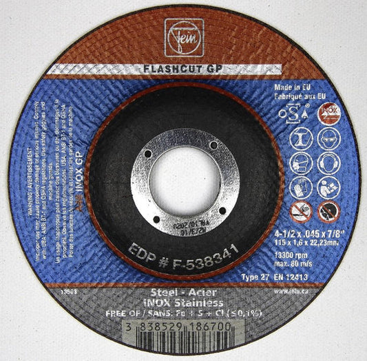 F-538341 Cut-Off Wheel, Aluminum Oxide, 4-1/2" x 0.045" x 7/8", Type 27