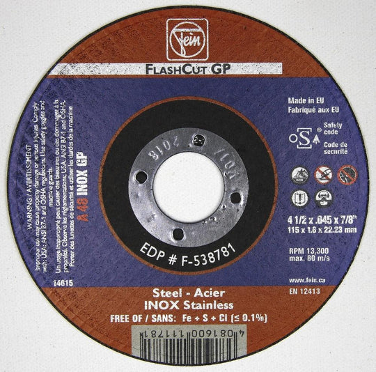 F-538781 Cut-Off Wheel, Aluminum Oxide, 4-1/2" x 0.045" x 7/8", Type 1