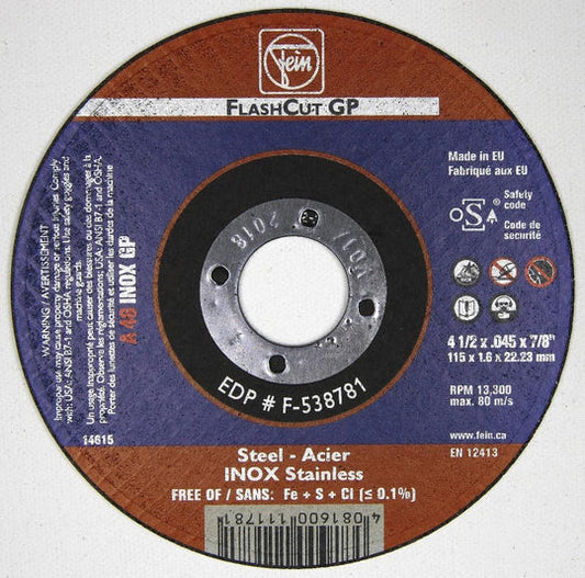 F-538781 Cut-Off Wheel, Aluminum Oxide, 4-1/2" x 0.045" x 7/8", Type 1