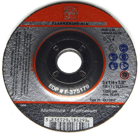 F-375179 Non Loading Grinding Wheel, Aluminum Oxide, 5" x 1/4" x 7/8”, Type 27