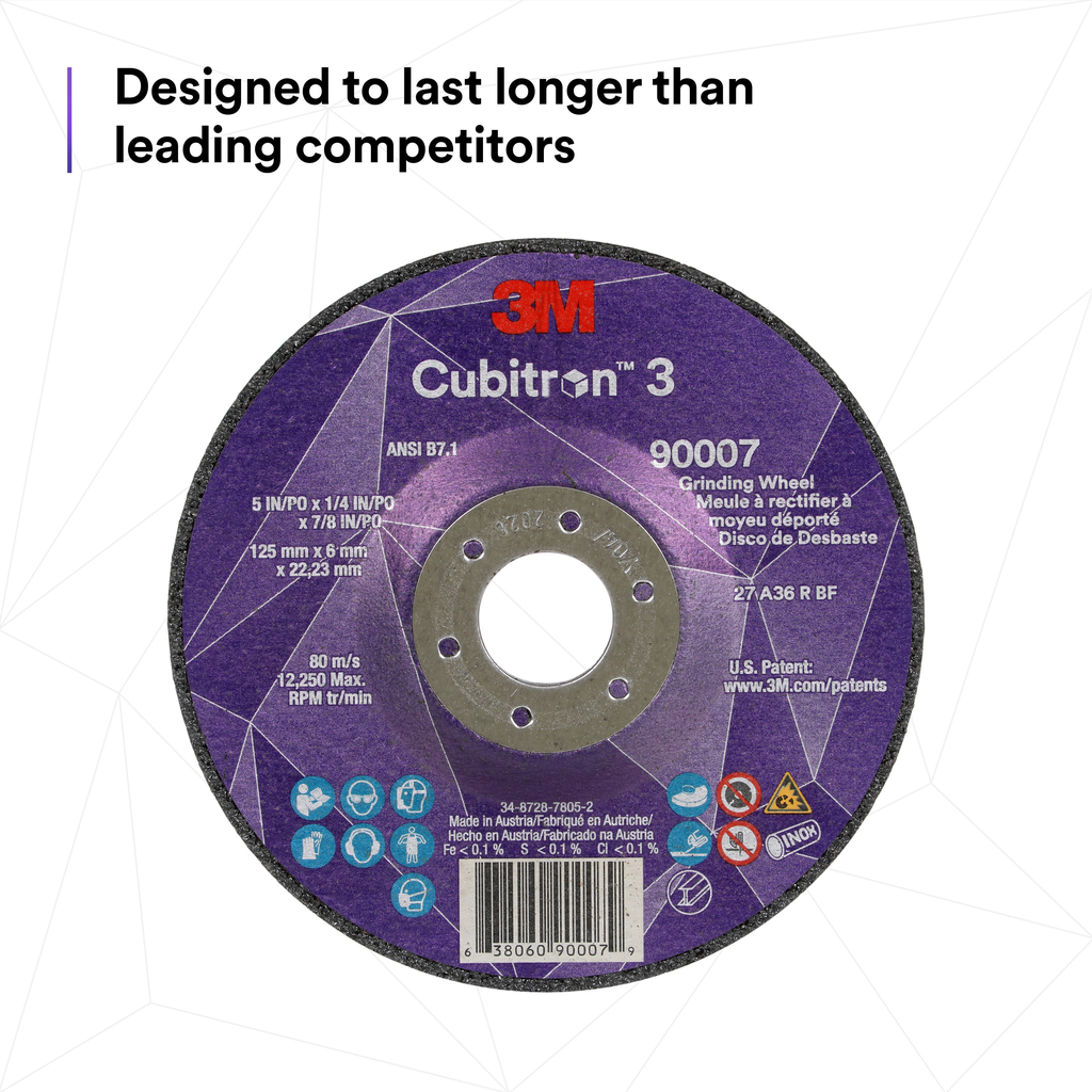 3M™ Cubitron™ 3 Depressed Center Grinding Wheel 90003 36+ T27 4-1/2 In × 1/4 In × 7/8 In (11x6x22.23) ANSI 10/Pack 20 Ea/Case