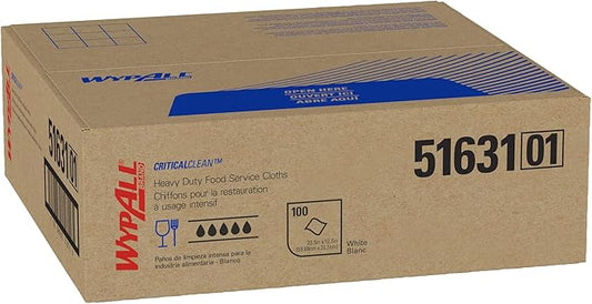 WypAll® CriticalClean™ Heavy Duty Foodservice Cloths (51631), Quarterfold, White (100 Sheets/Box, 1 Box/Case, 1 Box/Case)