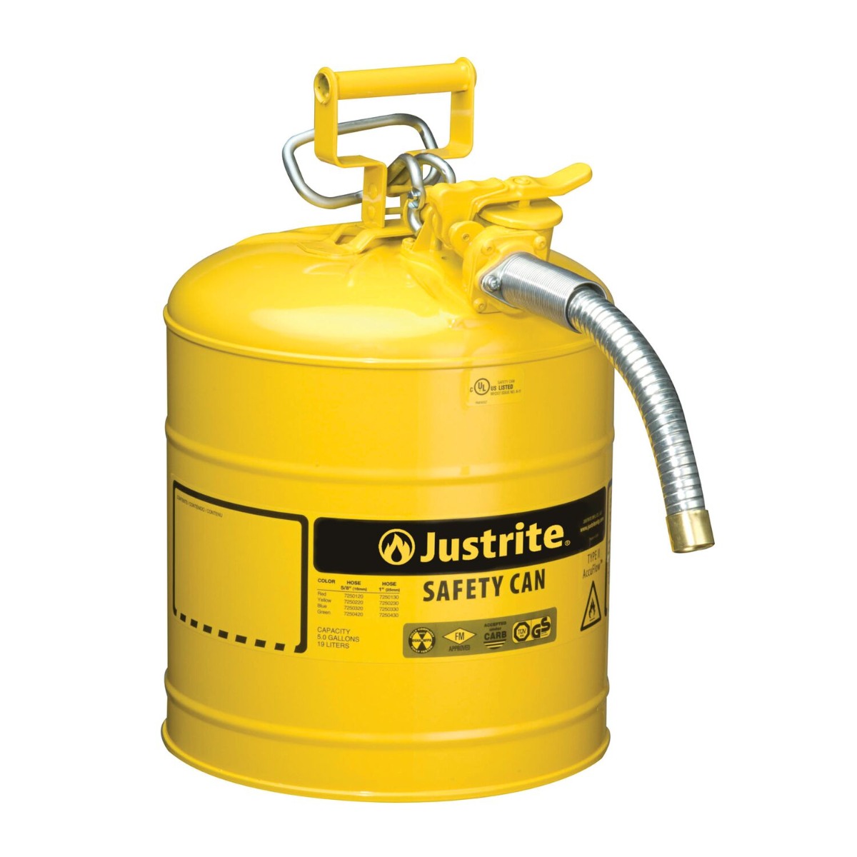 Steel Safety Can for Diesel, Type II, AccuFlow™, Yellow, 5 Gal, 1" Metal Hose