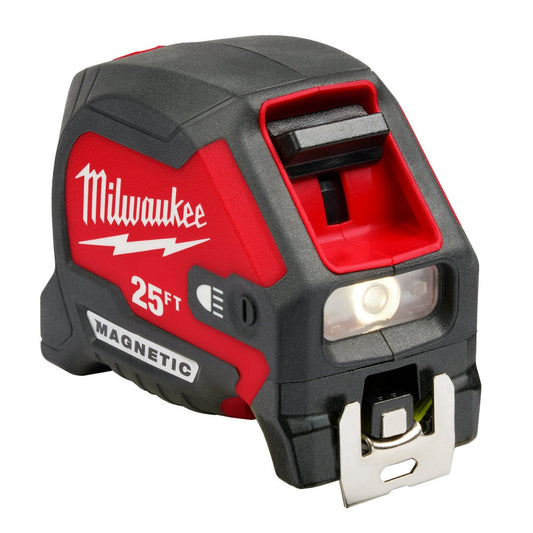 25ft Compact Wide Blade Magnetic Tape Measure w/ Rechargeable 100l Light