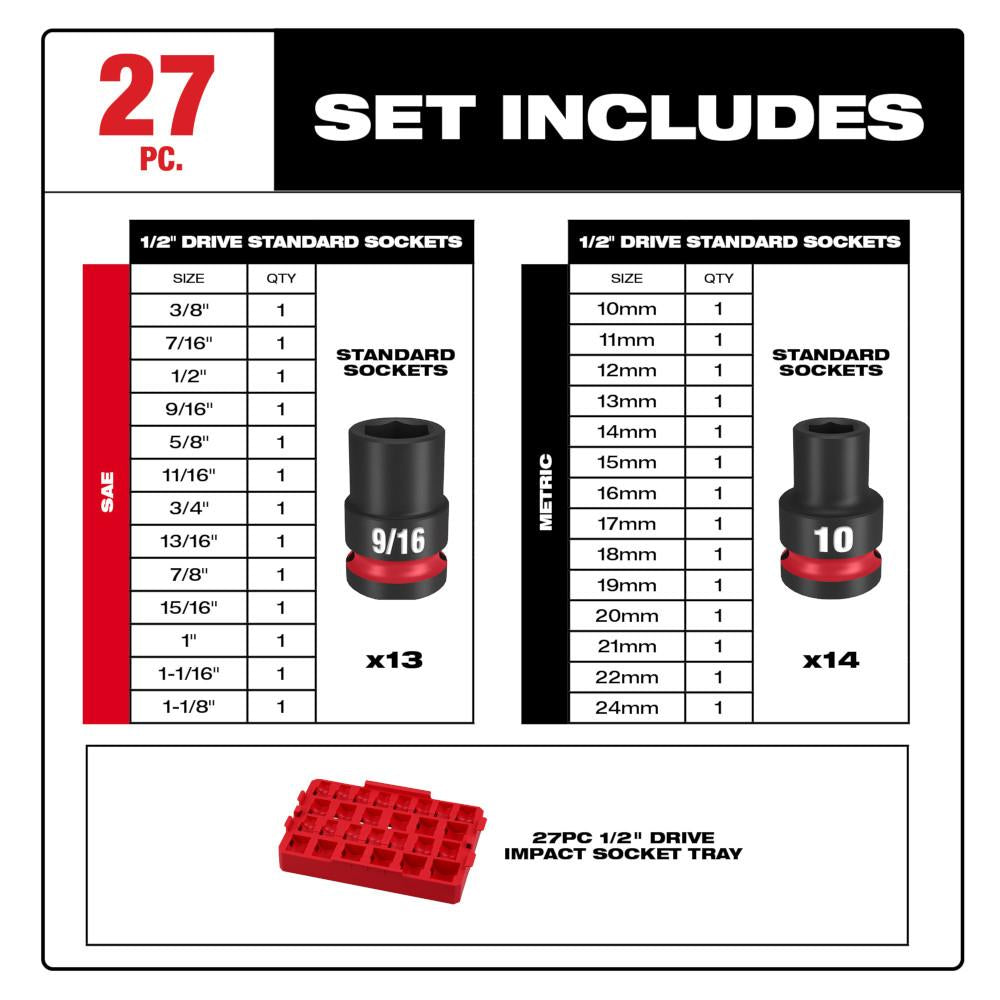 Ensemble De Douilles À Chocs 1/2" 27 Pièces